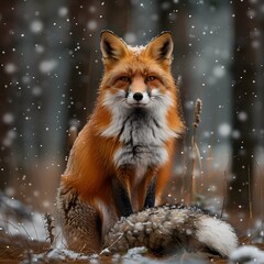 Fototapeta premium Alert Red Fox with Fluffy Tail Sitting in Snowy Winter Forest