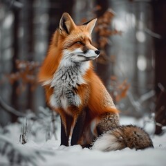 Fototapeta premium Alert Red Fox with Fluffy Tail Sitting in Snowy Forest Captivating Wildlife Portrait