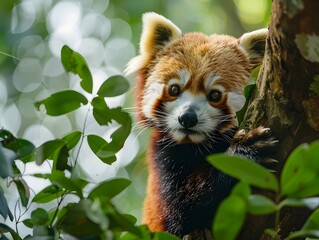 Adorable Red Panda Climbing Tree Amidst Lush Green Foliage in Wildlife Habitat