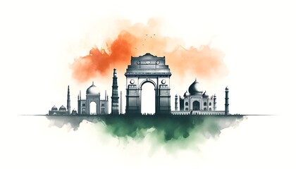 Fototapeta premium Watercolor illustration for india independence day with famous monuments silhouette.