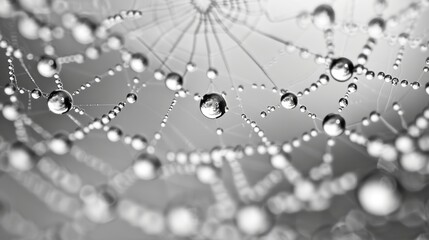 Sparkling droplets caught in the intricate pattern of a cobweb. Black and white art