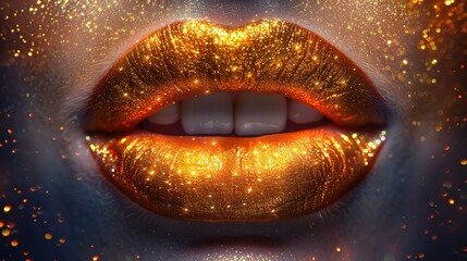 Glittering Glossy Lips with Starry Effect. sensual lips with glossy dripping golden orange lipstick. Metallic glitter effect