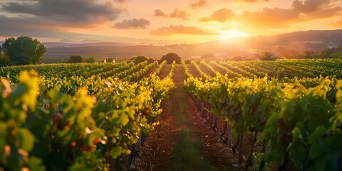 Fototapeta premium Scenic French vineyard at sunset. Concept Vineyard, Sunset, French Countryside, Scenic Views