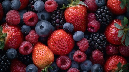 A close-up of assorted fresh berries including strawberries, raspberries, blueberries, and blackberries, showcasing their rich colors and texture, embodying a natural and healthy appeal.