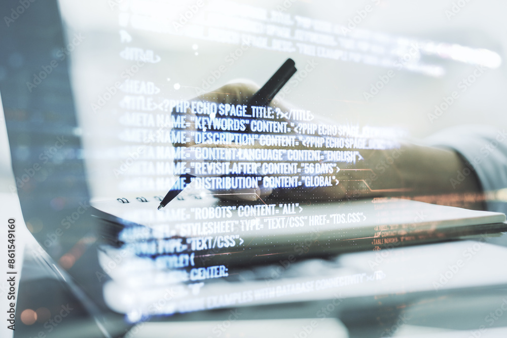 Fototapete double exposure of abstract programming language with hand writing in notebook on background with la