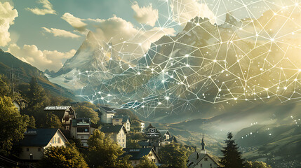 Futuristic Network Over Scenic Mountain Village Landscape