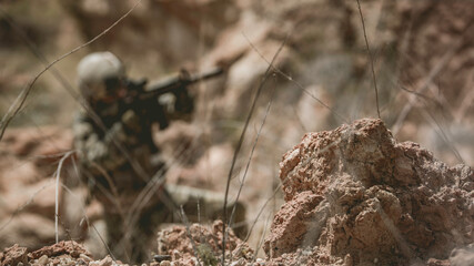 Soldiers of special forces on wars at the desert,Thailand people,Army soldier Patrolled the front line,Calling up reinforcements