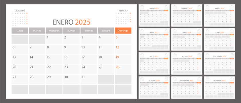 Spanish calendar planner 2025 year, schedule month calender, organizer template. Week starts on Monday. Business personal page. Modern simple vector illustration