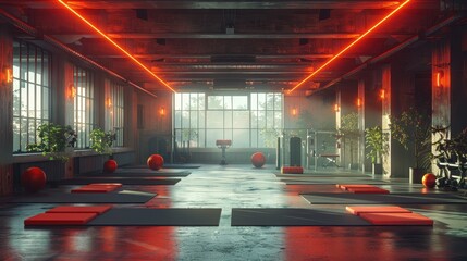 A spacious modern gym with red ambient lighting, large windows providing natural light, and a variety of fitness equipment neatly arranged for an inviting workout space.