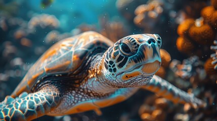 Obraz premium A detailed close-up of a turtle gracefully swimming among vibrant coral reefs, showcasing the beautiful underwater marine life in a tropical ocean environment.