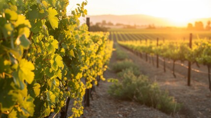 Naklejka premium Rows of grapevines stretching into the distance and the sky painted in warm hues