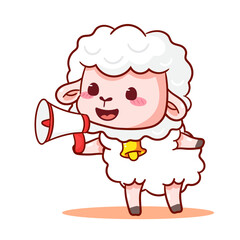 Cute Sheep Holding Megaphone Cartoon Character. Adorable and Kawaii Animal Vector Illustration. Isolated White Background. Icon Mascot Concept Design.