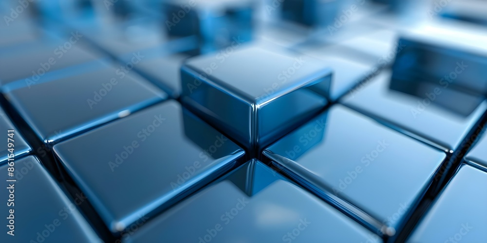 Poster digital 3d image of shiny blue cubes arranged in a grid pattern. concept 3d rendering, shiny cubes, 