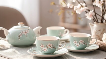 Fototapeta premium An elegant tea set with delicate porcelain cups and a teapot, arranged on a beautifully set table