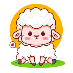 Cute Sheep Sitting Cartoon Character. Adorable and Kawaii Animal Vector Illustration. Isolated White Background. Icon Mascot Concept Design.