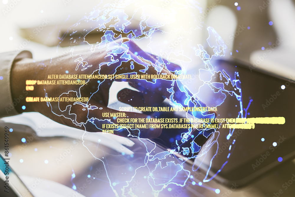 Poster double exposure of abstract programming language hologram with world map and finger clicks on a digi