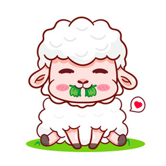 Fototapeta premium Cute Sheep Eating Grass Cartoon Character. Adorable and Kawaii Animal Vector Illustration. Isolated White Background. Icon Mascot Concept Design.