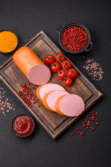 Boiled vegan or vegetarian sausage made from meat substitutes