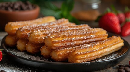 Freshly made churros, perfectly crisp and golden, delicately sprinkled with sugar and paired with strawberries, providing a delectable mix of flavors and a visually appealing dessert.