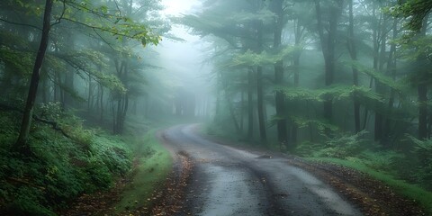 Fototapeta premium Scenic road through misty forest evokes adventure and tranquility for outdoor photography. Concept Nature Photography, Misty Forest, Scenic Road, Outdoor Adventure, Tranquil Wilderness