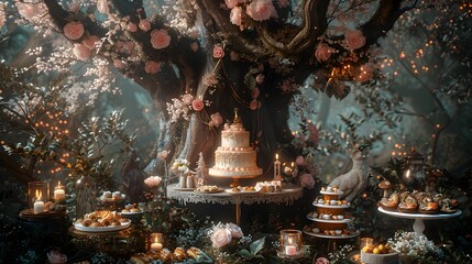 Fototapeta premium Enchanted Forest Birthday Party with Magical Cake and Whimsical Decor