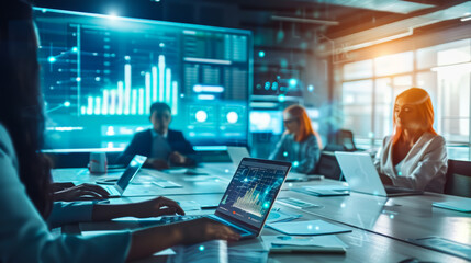 Colleagues are sitting in the office at a meeting. A team of office workers with laptops are sitting at a conference table with a modern digital panel on the wall. Business, marketing concept.