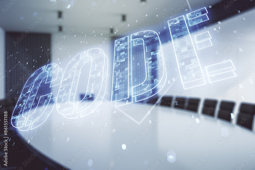 Poster code word hologram on a modern coworking room background, international software development concept