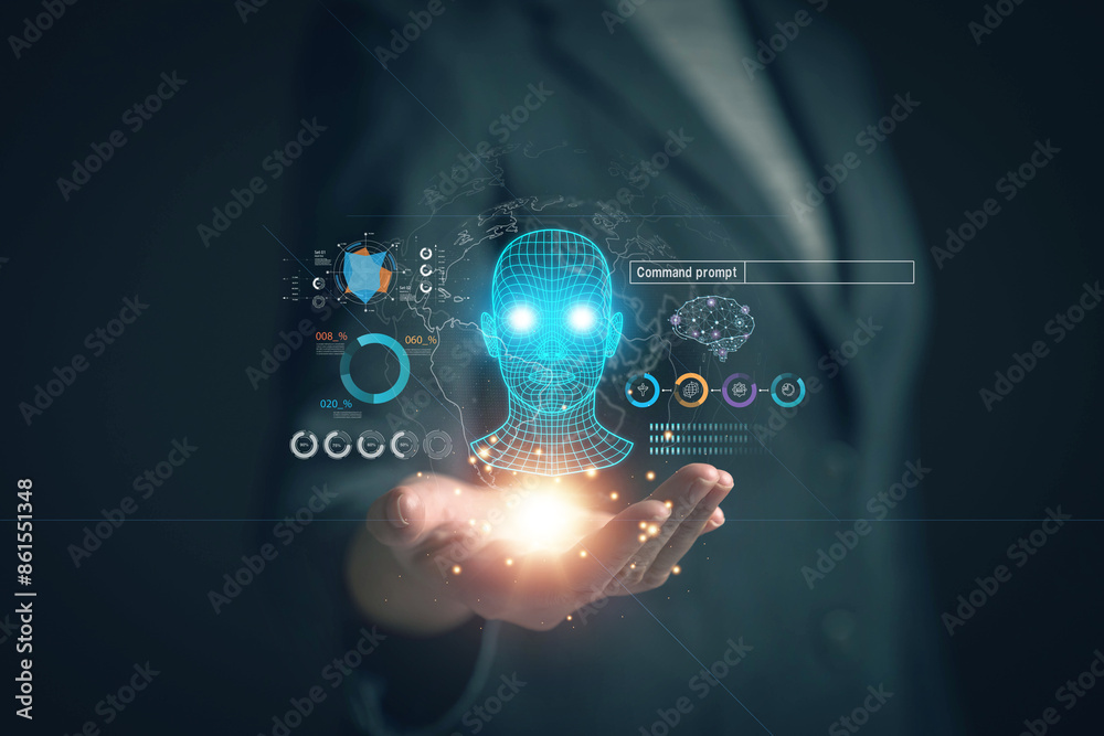 Poster chat with AI. Artificial intelligence. The concept of accessing imagination by feeding commands to Ai to create what is in our mind with futuristic technology through the Internet.