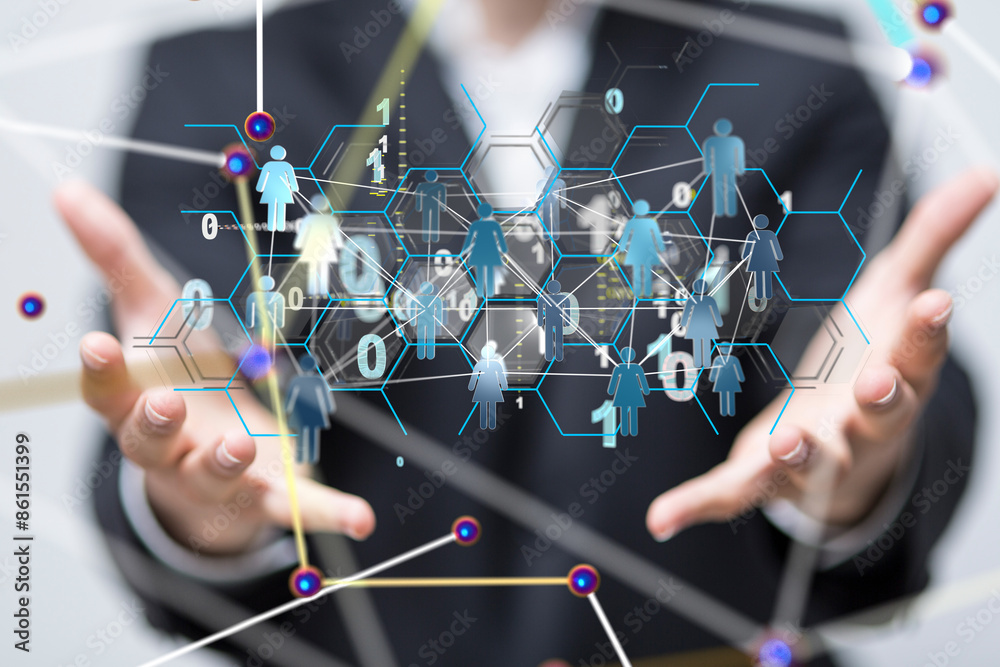 Poster Neural network concept. Connected cells with links.