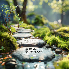 Spa time illustration, relax nature background with grey stone in the water with letters SPA, green leafs, grass in the river