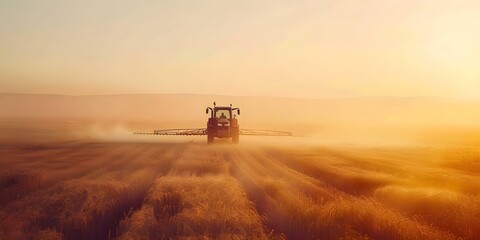 Fototapeta premium Agricultural tractor spraying field with sprayer illustrating modern farming practices. Concept Agricultural Technology, Modern Farming Practices, Spraying Equipment, Crop Protection