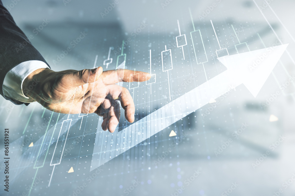 Poster double exposure of man hand working with abstract creative financial diagram and upward arrow on blu