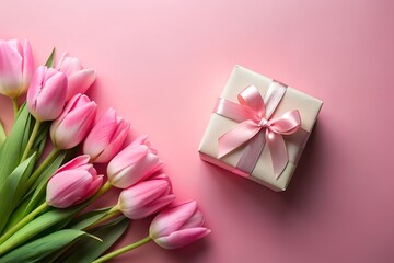 Mother's Day concept. Top view photo of stylish pink giftbox with ribbon bow and bouquet of tulips on isolated pastel pink background with copyspace