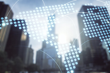 Double exposure of abstract digital world map hologram with connections on modern skyscrapers background, research and strategy concept