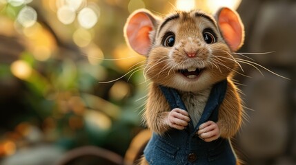 This image features an adorable animated mouse character standing outdoors, dressed in a cute blue outfit and exuding a friendly and cheerful demeanor.