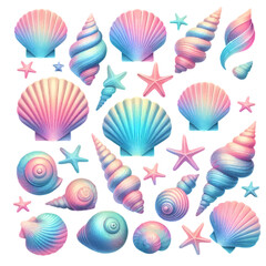 Neon illustration with colorful sea shells and stars, done in pastel pink, blue and purple shades on a white background.