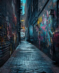 Fototapeta premium Urban alleyway with vibrant graffiti art on brick walls, captured during a quiet evening. Perfect for cityscape and street art themes.