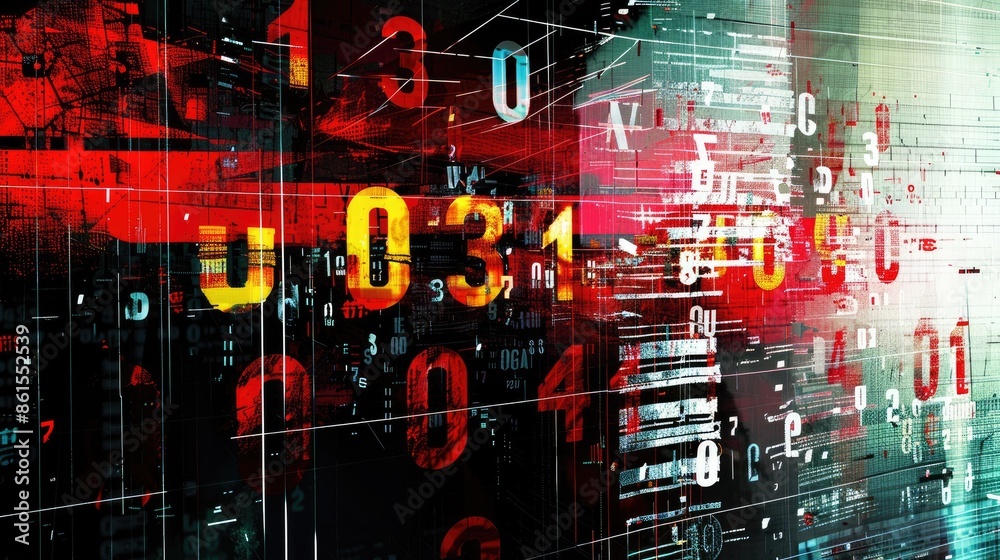 Poster abstract digital glitch art with red and black elements. concept of technology and data distortion. 