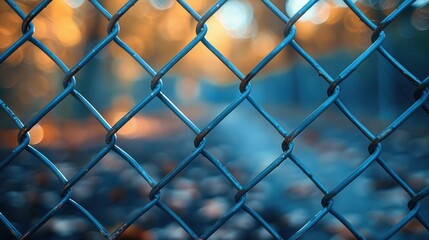 Fototapeta premium A chain-link fence is featured in this image, with the background fading into a soft bokeh effect, emphasizing the boundary and the serene natural environment beyond.
