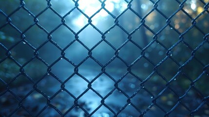 Fototapeta premium A chain-link fence lines a pathway that disappears into a tranquil, foggy morning mist, creating a mysterious and calming atmosphere as light peeks through.