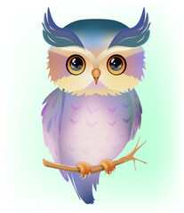 Cartoon owl, vector illustration. Cute forest bird, blue purple color animal. new modern illustration. Element for decoration book, print on t shirt or web design .