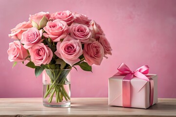 Beautiful bouquet flowers pink roses in vase and gift box with satin bow on pastel pink background table. Birthday, Wedding, Mother's Day, Valentine's day, Women's Day. Front view - Powered by Adobe