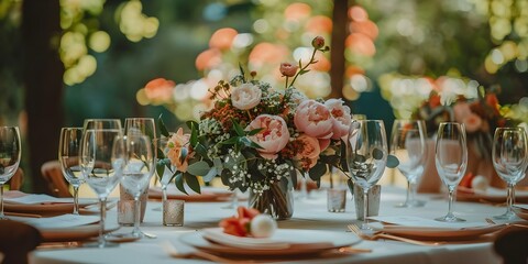 Fototapeta premium Elegant English Country Garden Wedding with Peonies Floral Decor. Concept English Country Garden, Wedding, Peonies, Floral Decor, Elegance
