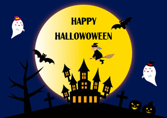 大きな月夜とハロウィン素材に入ったイラスト