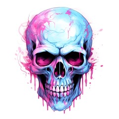 Fototapeta premium Vibrant artistic skull illustration with blue and pink hues, dripping paint effect. Perfect for edgy and creative designs.