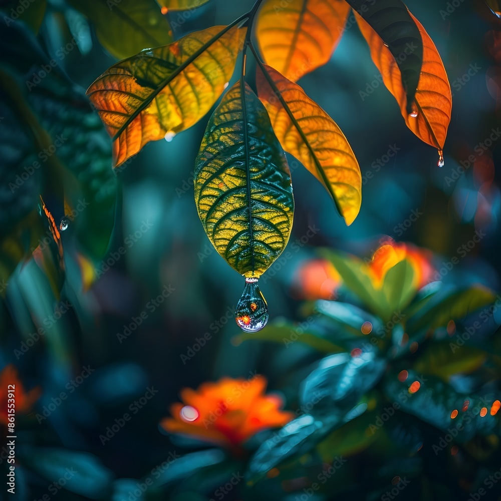 Wall mural Vibrant Tropical Rainforest Leaf with Water Drop Reflection