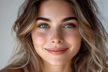 Naklejka premium Portrait of young beautiful cute cheerful girl smiling looking at camera over white background.