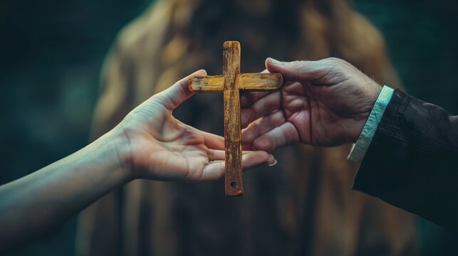 Christian proselytizing, hands of Christian man holding and passing wooden cross to woman's hands, great commission concept