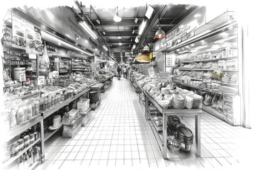 Fototapeta premium Abstract black and white architectural sketch of a futuristic city skyline with tall skyscrapers, buildings made from glass and steel, high resolution