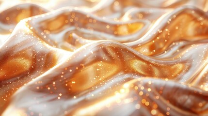Close-up of shiny golden and white silk fabric with waves, sparkling glitter background
